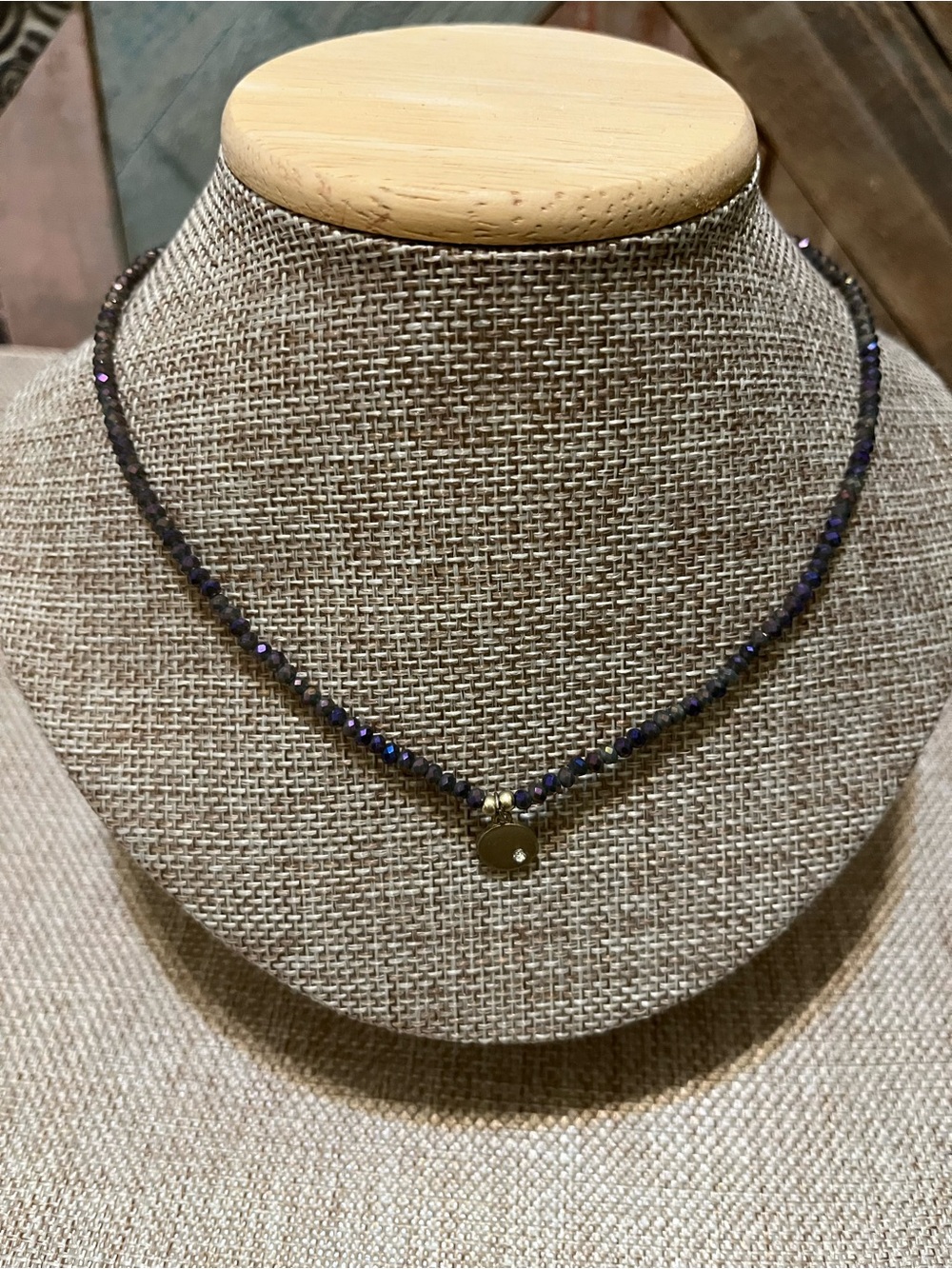 Bella Canvas Iridescent Dark Blue Bead Necklace with Gold Disc
